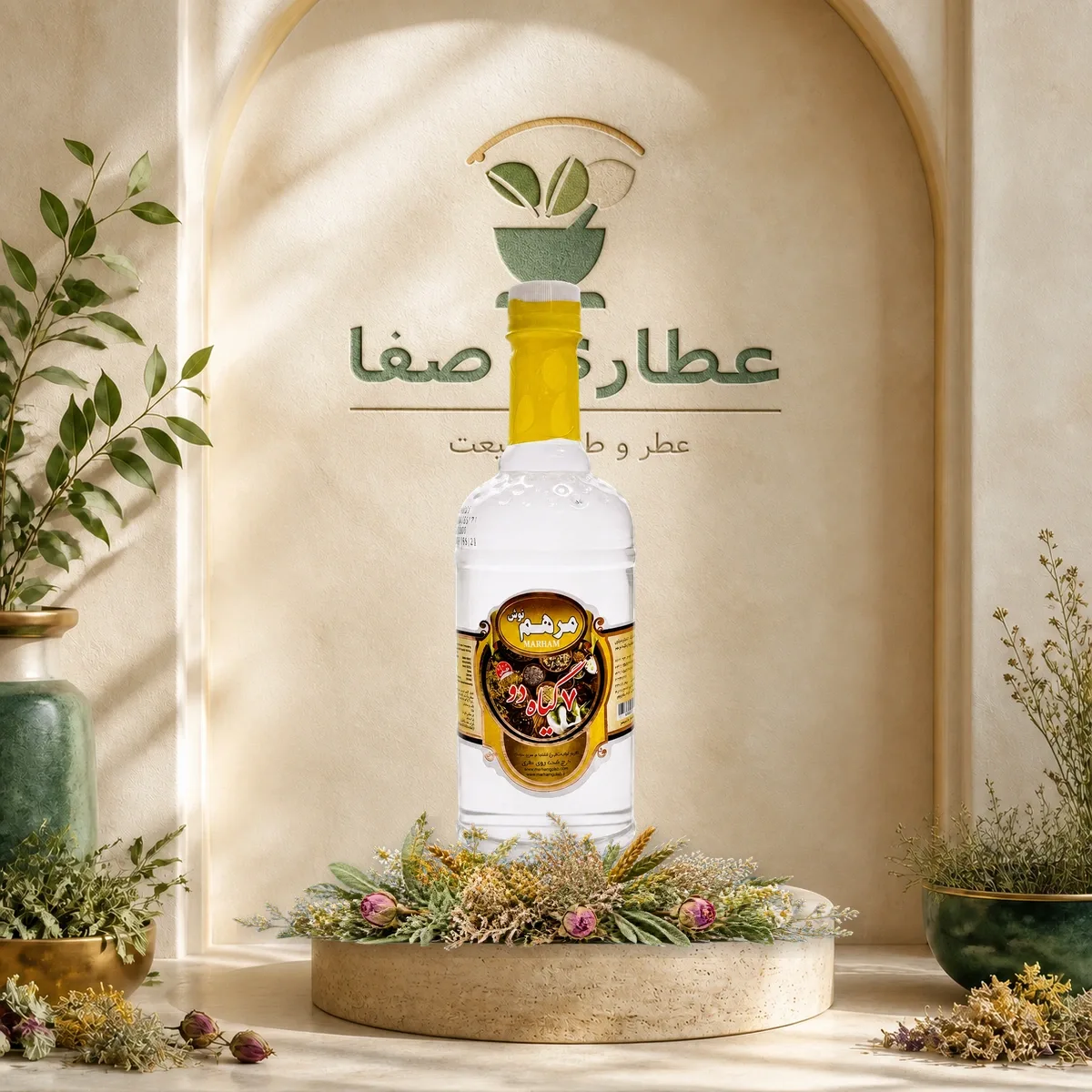 تصویر طراحی‌شده عرق ترکیبی ۷ گیاه شماره ۲ مرهم نوش یک لیتر در عطاری صفا