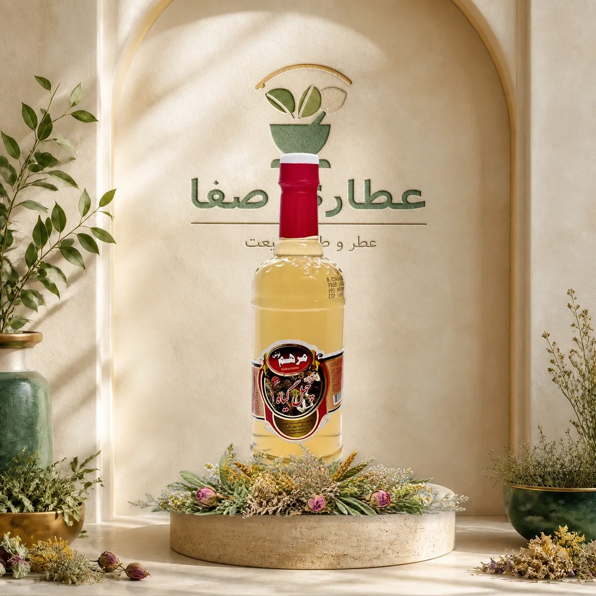 تصویر طراحی‌شده عرق چهل گیاه مرهم نوش یک لیتر در عطاری صفا