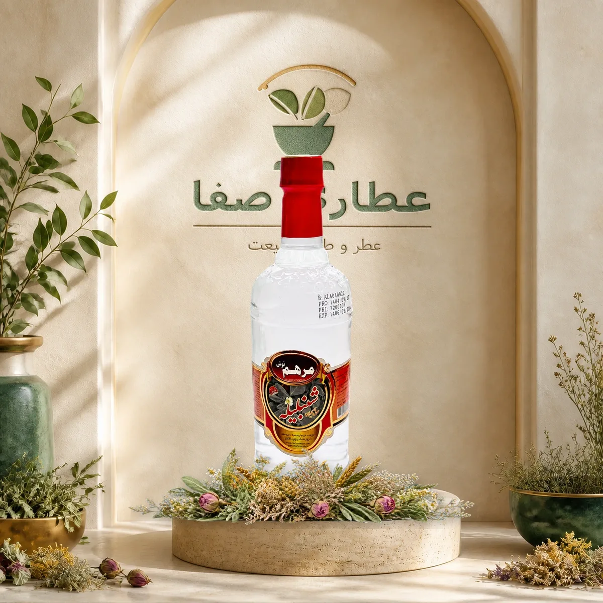 تصویر طراحی‌شده عرق شنبلیله مرهم نوش یک لیتر در عطاری صفا